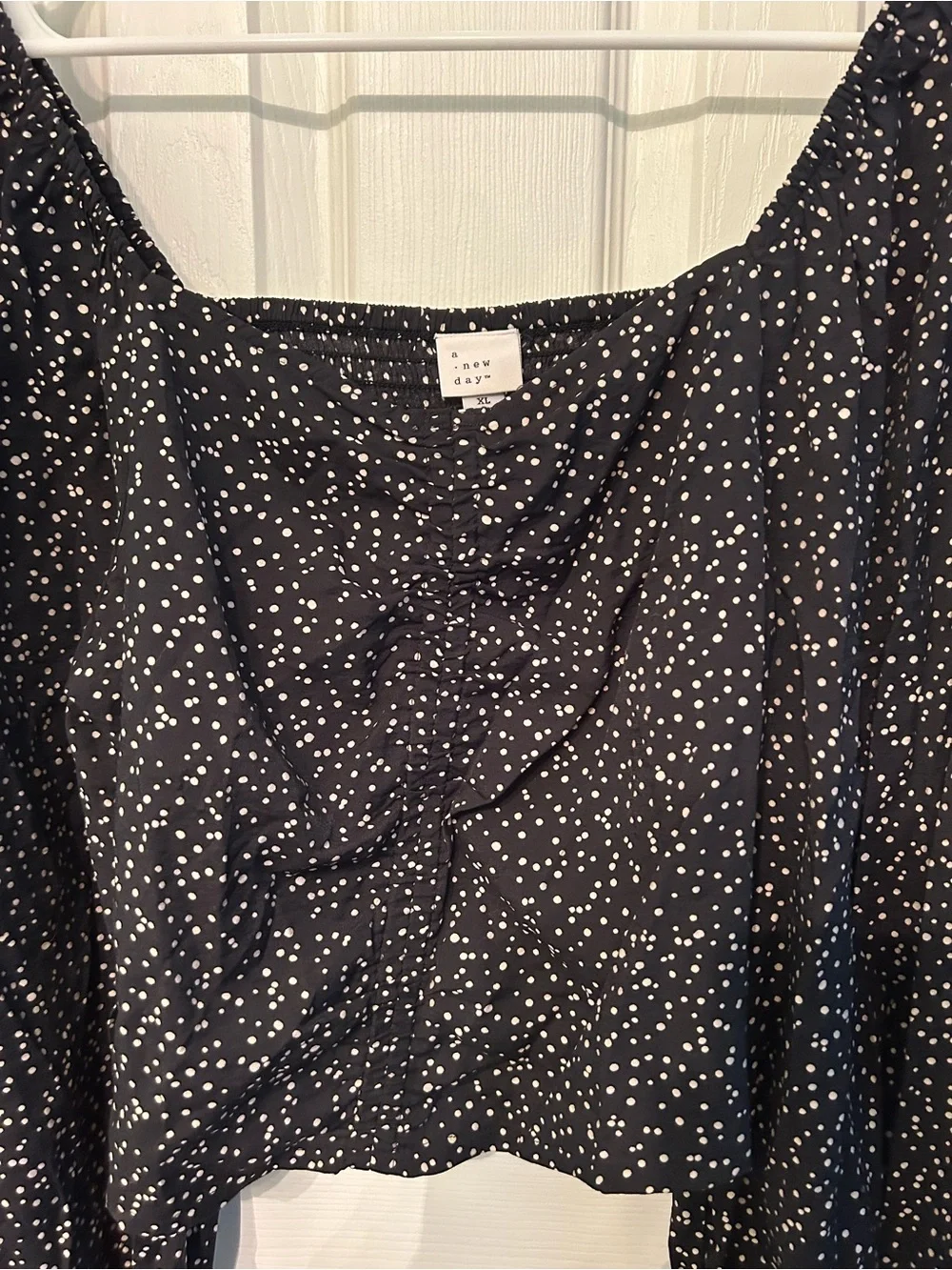 A New Day Women’s Black Off-Shoulder Long Sleeve Top with White Dot Print Size